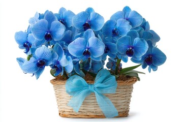 Vibrant blue orchids arranged in a woven basket with a satin bow