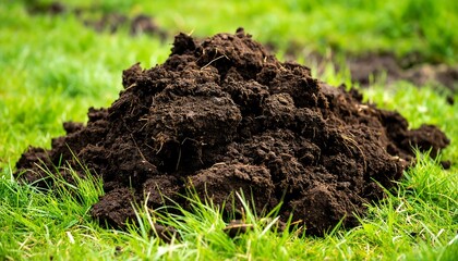 Fototapeta premium Pile of dark soil on green grass (1)