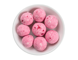 Sweet pink berry energy balls presented in a white bowl, a delightful healthy snack