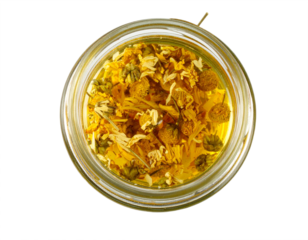 Discover natural wellness with soothing chamomile infused oil in a clear glass jar, promoting calm