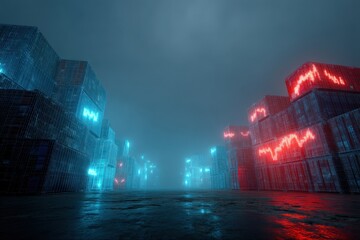 Illuminated shipping containers with financial chart displays in a mysterious foggy setting