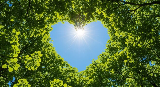 Looking up through a heartshaped opening in a green tree canopy towards the bright sun