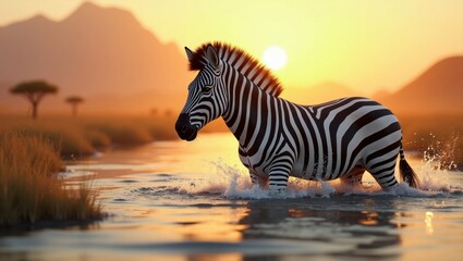 A zebra standing in water creating splashes during sunset. African safari wildlife scene at golden hour. Wild animal in nature.