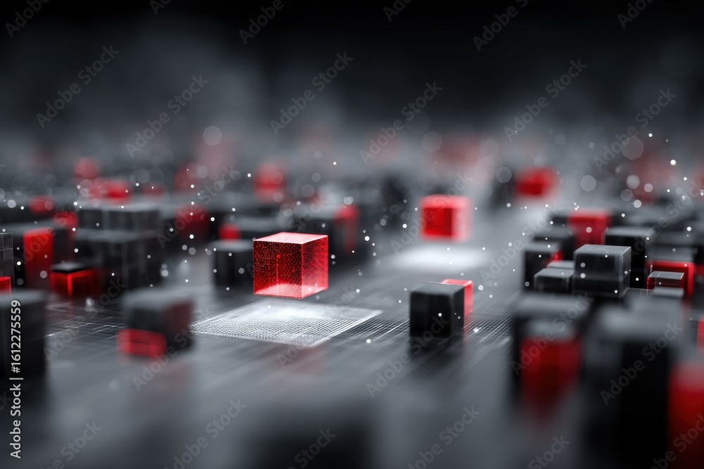 Wall mural abstract depiction of data grid with glowing cubes in black and red tones