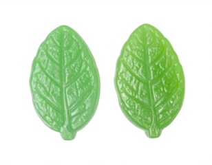 Two bright green translucent leaf shaped candies with detailed vein texture
