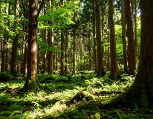 Naklejka premium Lush forest floor bathed in sunlight
