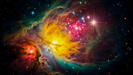 Nebula with glowing stars and cosmic dust clouds