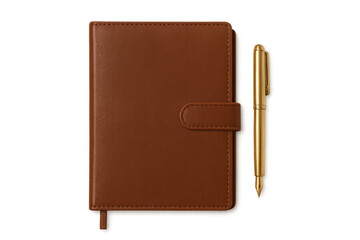 Brown leather notebook with golden pen on transparent background