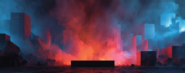 Abstract urban scene with vibrant red and blue glowing effects