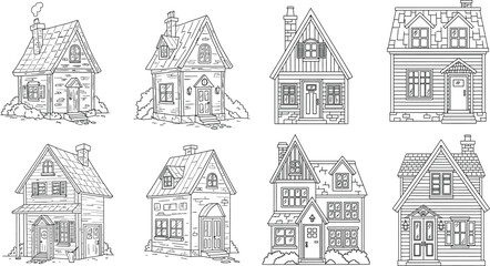 Hand Drawn Cute Fairy Tale Houses Vector Set – Vintage Style Cottage and Fantasy Home Illustrations