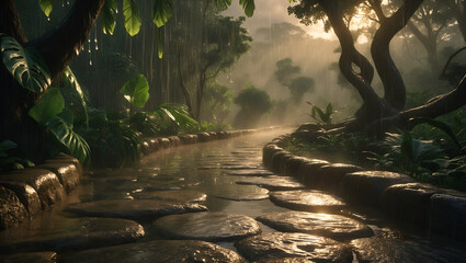 Rainy Forest Path: Tranquil stone path through a lush, wet forest under the soft light of dawn or dusk.
