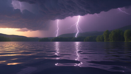 Dramatic lightning strikes illuminate a serene lake surrounded by trees under a stormy sky at dusk.