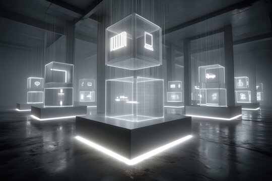 Futuristic cube installation showcasing technology icons in glowing wireframe design
