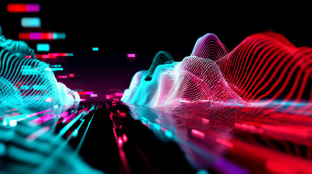 Medium wide shot of stylized cyan and red digital sound waves forming abstract mountain shapes