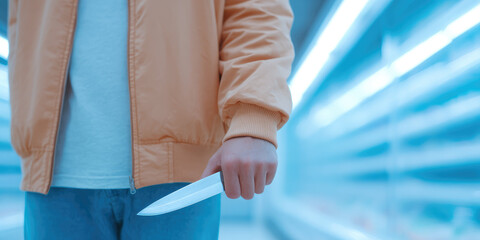 Armed attack in a grocery store. A man holds a knife in his hand in a supermarket.