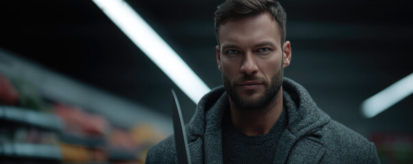 Armed attack in a grocery store. A man holds a knife in his hand in a supermarket.