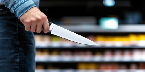 Armed attack in a grocery store. A man holds a knife in his hand in a supermarket.