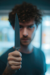 Armed attack in a grocery store. A man holds a knife in his hand in a supermarket.
