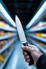 Armed attack in a grocery store. A man holds a knife in his hand in a supermarket.