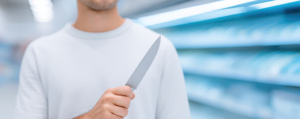 Armed attack in a grocery store. A man holds a knife in his hand in a supermarket.
