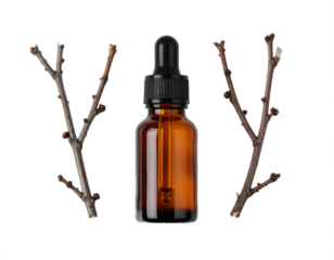 Amber glass dropper bottle with bare branches, perfect for natural skincare or botanical extraction concepts.