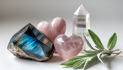 Crystals and Sage: A collection of polished crystals including heart shapes and a clear point with a sprig of sage.