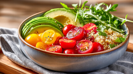 Ceramic bowl with quinoa salad, avocado, cherry tomatoes, and arugula.