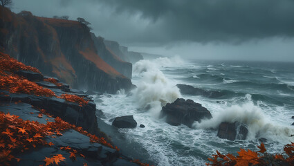 Dramatic coastal landscape with turbulent waves crashing against rocky cliffs under a stormy sky. Autumnal tones.