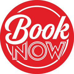 Bold white text book now inside a vibrant red circle for immediate action

