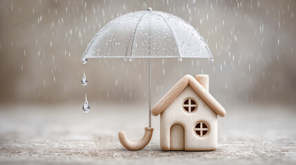 Wooden house protected by a transparent umbrella in the rain. Perfect for insurance, home safety, risk protection, and real estate service visuals.