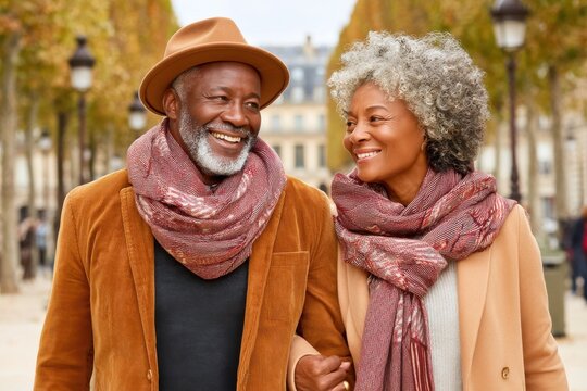 Cheerful senior couple enjoying a walk in a scenic autumn urban setting