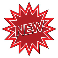 Bold red starburst with the word new in white and black outline