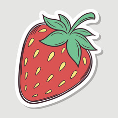 Red strawberry with green leaves yellow seeds stylized fruit