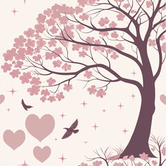 Fototapeta premium Cherry blossom tree with pink flowers and birds against a light background depicting love and nature Generative AI