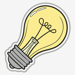 Bright yellow incandescent light bulb with a glowing filament on a white background idea icon
