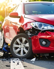 Damaged red car after accident