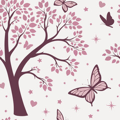 Obraz premium Delicate butterflies and blossoms create a serene pattern in soft pinks and purples, enhancing any decor style Generative AI