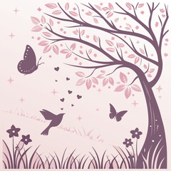 Stylized pink tree with butterflies and birds in a serene landscape during daytime Generative AI