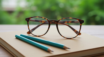 A close up shot of glasses on a notebook with two pencils and a blurred green background view