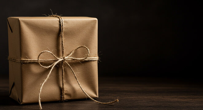 A wrapped gift box in brown paper tied with twine on a dark surface against a dark background