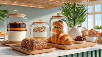 Cozy café setup featuring delicious pastries under glass domes on a sunny counter