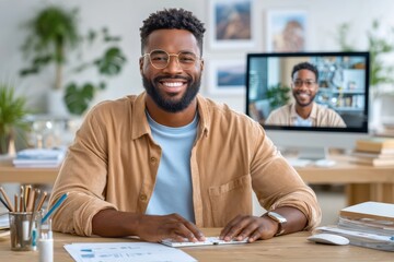 Smiling man working remotely from a stylish home office with online communication