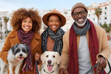 Happy family walking their dogs outdoors on a sunny day