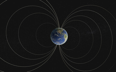 Earth appears encased in sweeping magnetic field lines that arc from pole to pole, forming protective loops. Elements of this 3D rendered illustration were furnished by NASA.