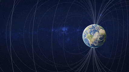 Visualization of Earth in space as it interacts with solar wind, featuring curved magnetic field lines and a directional energy flow. Elements of this 3D rendered illustration were furnished by NASA.