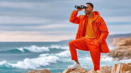 Man in orange outfit with binoculars on rocky seaside