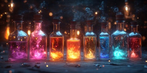 Colorful magic potions emitting smoke and glowing in dark mysterious alchemist laboratory