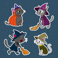 Stickers set collection for Halloween occasion. Cute and funny magical cat character avatar. Halloween decoration autumn october festive