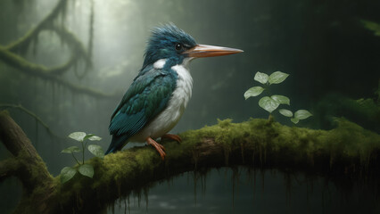 Fototapeta premium A vibrant collared kingfisher on a moss-covered branch in a lush, misty forest. Beautiful detailed plumage against the soft, green background. Natural habitat.