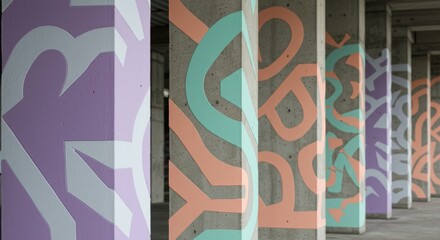 Pastel Abstract Art Adorning Concrete Support Columns in a Repetitive Row